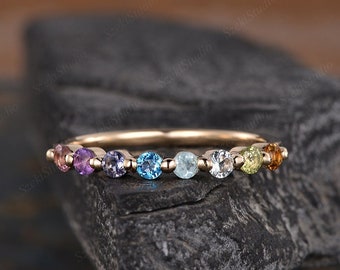 Rainbow Sapphire Wedding Band Women Colorful Gemstone Ring Birthstone Wedding Band Ring For Women Anniversary Gift For Her Statement Ring