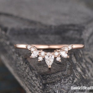 Cluster Moissanite Wedding Band Rose Gold Pear Shaped Curved Moissanite Ring Unique V Chevron Matching Ring Stack Dainty Bridal Custom Made