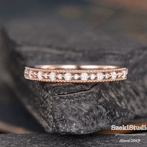 Milgrain Diamond Wedding Band Women Rose Gold Beaded Bridal Anniversary Gift For Her Half Eternity Vintage Delicate Dainty Minimalist Ring