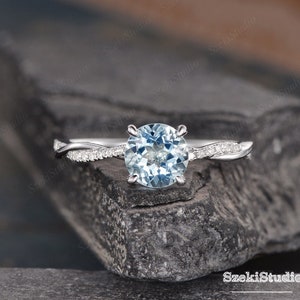Infinity Aquamarine Engagement Ring Rose Gold Round Cut Solitaire Ring Diamond Half Eternity Ring Bridal Women Promise Anniversary
