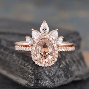 Pear Shaped Morganite Engagement Ring 2pcs Rose Gold Bridal Ring Set Unique Diamond Wedding Ring Set Cluster Marquise Moissanite Curved Ring