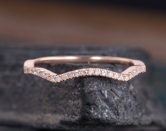 Curved Diamond Wedding Band Rose Gold V Chevron Matching Wedding Ring stackable Ring Half Eternity Stacking Bridal Delicate Dainty Ring