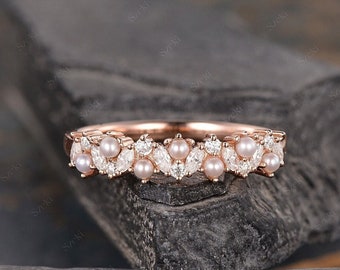 Pearl Diamond Wedding Band Vintage  Rose Gold Pearl Ring Moissanite Stackable Wedding Ring Delicate Akoya Pearl Ring Pearl Bridal Gift