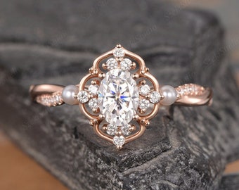 Infinity Moissanite Engagement Ring Pearl Wedding Ring Rose Gold Moissanite Bridal Ring Halo Twist Half Eternity Ring Oval Ring Anniversary