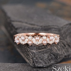 Pearl Diamond Wedding Band Vintage  Rose Gold Pearl Ring Moissanite Stackable Wedding Ring Delicate Akoya Pearl Ring Pearl Bridal Gift
