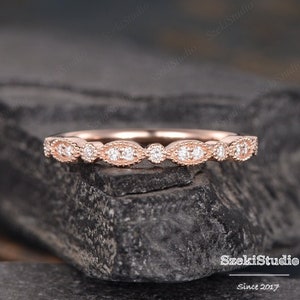Rose Gold Diamond Wedding Band Women Vintage Marquise Ring Art Deco Diamond Half Eternity Bridal Promise Ring Marquise Delicate Anniversary