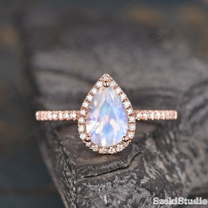 6x9mm Moonstone Engagement Ring Pear Shaped Rose Gold Rainbow Moonstone Ring Halo Tear Drop Wedding Bridal Half Eternity Diamond Ring