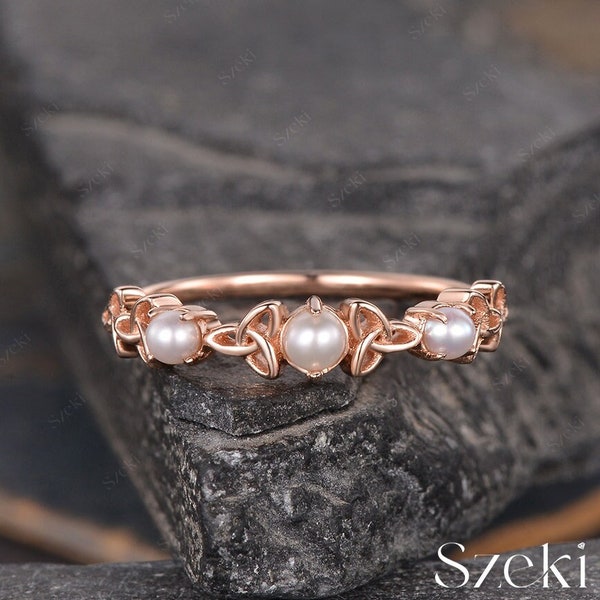 Celtic Pearl Wedding Band Rose Gold Natural Pearl Ring Solid Gold Irish Celtic Ring Triquetra Promise Stackable Matching Rings for Women