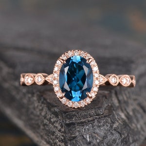 Art Deco London Blue Topaz Engagement Ring Rose Gold Diamond Halo Oval Cut Bridal Ring Women Anniversary Birthstone Promise Half Eternity