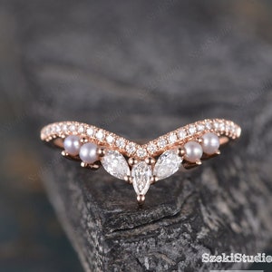 Cluster Moissanite Wedding Band Rose Gold Pear Shaped Curved Ring Pearl Ring Double Band Unique V Shaped Chevron Matching Stack Bridal