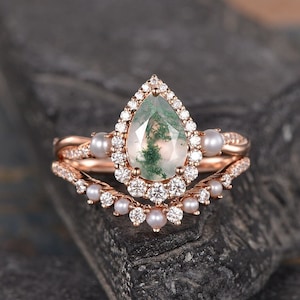 Pear Shaped Moss Agate Engagement Ring Set Rose Gold Women Pear Shaped Green Moss Bridal Set Halo Infinity Diamond Wedding Jewelry Ring Set