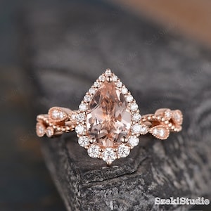 1.6CT Vine Morganite Engagement Ring Rose Gold Women Art Deco Pear Shaped Morganite Ring Vintage Halo Infinity Diamond Wedding Ring