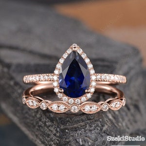 9x6mm Pear Shaped Sapphire Engagement Ring Set Rose Gold Blue Sapphire Ring Halo Diamond Wedding Art Deco Half Eternity Anniversary Bridal