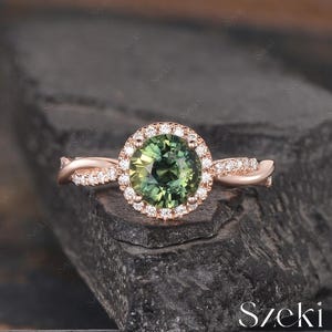 Natural Montana Sapphire Engagement Ring Rose Gold Teal Sapphire Ring Diamond Halo Infinity Wedding Bridal Ring 6mm Round