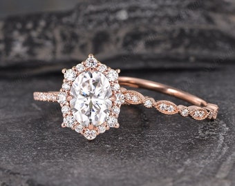Oval moissanite Engagement Ring Set Vintage Floral Halo Wedding Ring Promise Ring Unique Bridal Set Half Eternity Ring Anniversary 1.5ct