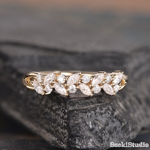 Cluster Moissanite Wedding Band Women Art Deco Moissanite Stacking Matching Ring Vine Leaf Marquise Yellow Gold Half Eternity Antique