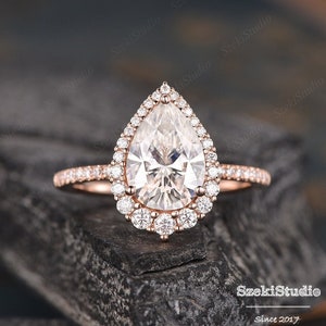 3.5ct Pear Cut Moissanite Engagement Ring Halo Pear Shaped Ring Rose Gold Tear Drop Ring 8x12mm Moissanite Ring Art Deco Half Eternity Ring