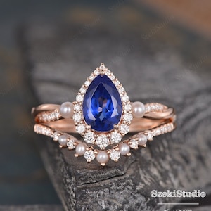Pearl Sapphire Engagement Ring Set Rose Gold Women Pear Shaped Blue Lab Sapphire Bridal Set Halo Infinity Diamond Wedding Jewelry 2 Ring Set