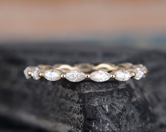 Marquise Moissanite Wedding Band Women Yellow Gold Art Deco Tear Stacking Matching Band  Bridal Wedding Ring Delicate Full/Half Eternity