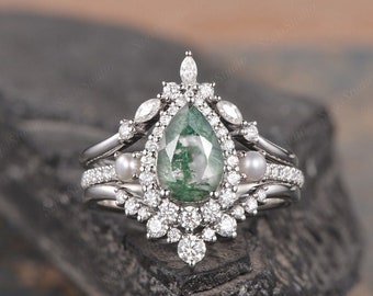 Vintage Moss Agate Engagement Ring Set Pear Shaped White Gold Ring Green Crystal Art Deco Marquise Wedding Ring Set 3pcs Cluster Ring