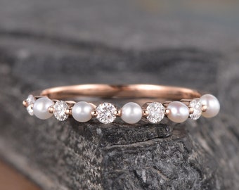 Pearl Diamond Wedding Band Women Rose Gold Pearl Matching Band Akoya Pearl Ring Half Eternity Delicate Stack Ring Dainty Bridal Gift