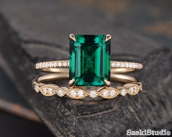 10x8mm Lab Smaragd Verlobungsring Solitär Gelb Gold Ring Braut Set Hochzeit Frauen Jahrestag Geschenk für sie Birthstone May Simple
