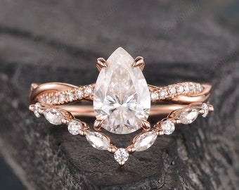Birnenförmige Moissanite Verlobungsring Set Rose Gold Twist Solitär Diamant Halb Eternity Ring Marquise Braut Frau Versprechen Ring 6x9mm