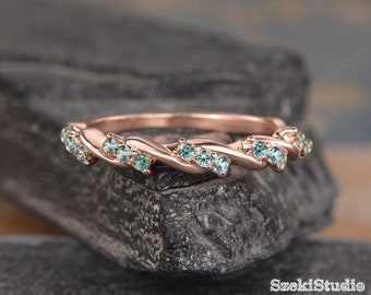 Teal Sapphire Wedding Band Natural Wedding Ring Shared Prong Ring Rose Gold Green Blue Sapphire Half Eternity Ring Infinity Stacking Ring