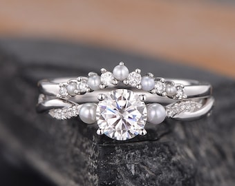 Pearl And Moissanite Engagement Ring Set White Gold Moissanite Bridal Set Diamond Infinity Akoya Pearl Birthstone June Ring Three Stone Ring
