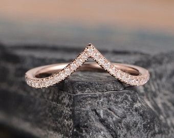 Rose Gold Diamond Wedding Band Women Curved Wedding Band V Shaped Chevron Matching Ring Promise Anniversary Ring Stacking Delicate Dainty