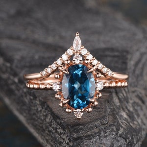 London Blue Topaz Engagement Ring Rose Gold Oval Cut Topaz Ring Art Deco Bridal Set Curved Diamond Matching Wedding Ring 2pcs Unique