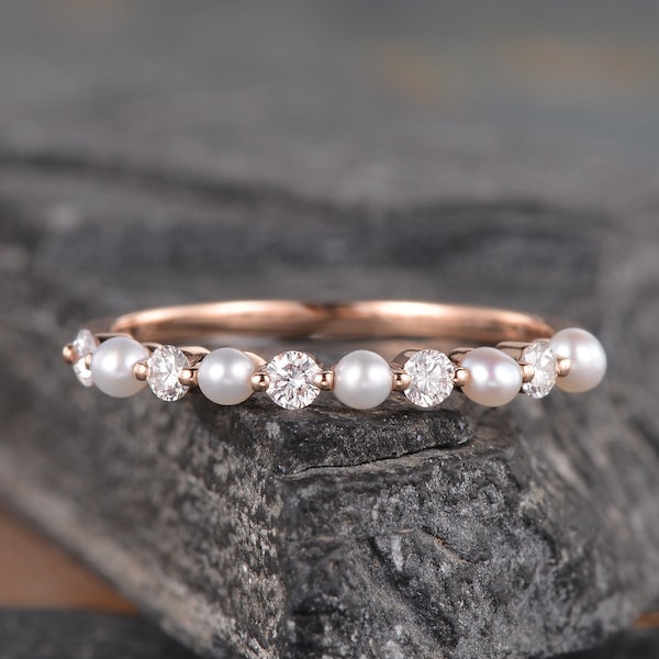 Pearl Diamond Wedding Band Women Rose Gold Pearl Matching Band Akoya Pearl Ring Half Eternity Delicate Stack Ring Dainty Bridal Gift