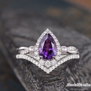 Pearl Amethyst Engagement Ring Set Rose Gold Women Pear Shaped Purple Gems Bridal Set Halo Infinity Diamond Wedding Ring Jewelry 2 Ring Set