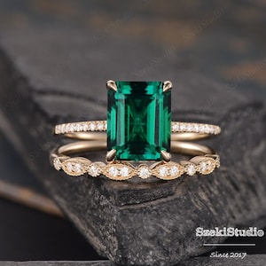 10x8mm Lab Emerald Engagement Ring Solitaire Yellow Gold Ring Bridal Set Wedding Women Anniversary Gift For Her Birthstone May Simple