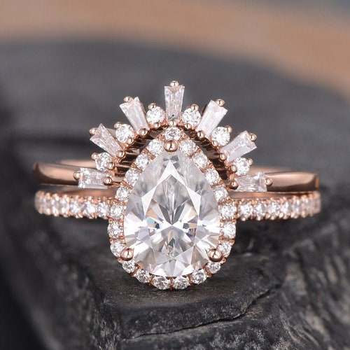 Pear Shaped Opal Engagement Ring Rose Gold Bridal Set Halo - Etsy