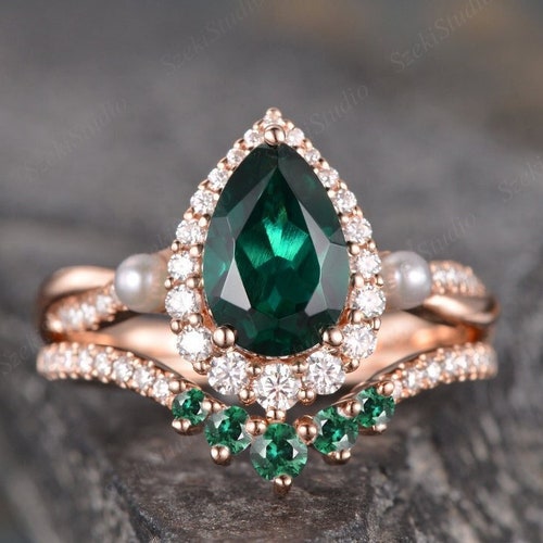 Pear Shaped Lab Emerald Ring Rose Gold Engagement Ring Natural - Etsy