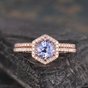 Rose Gold Sapphire Engagement Ring Hexagon Cut Sapphire Engagement Ring Set Round Cut Halo Diamond Cornflower Lavender Bridal Wedding Ring