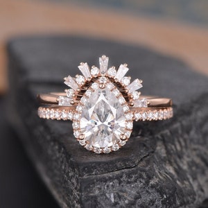 Pear Shaped Moissanite Engagement Ring Rose Gold Bridal Set Baguette Wedding Halo Diamond Half Eternity Women Tear Drop Anniversary Gift