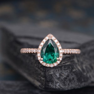 Lab Emerald Engagement Ring Pear Shaped Diamond Halo Rose Gold May Birthstone Half Eternity Women Anniversary Ring Bridal Wedding