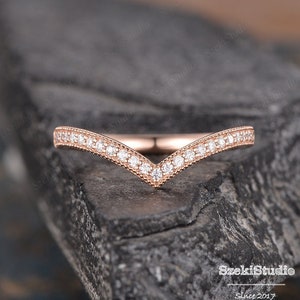 Matching Curved Wedding Band Rose Gold Chevron Diamond Wedding Band Moissanite Stacking Ring V Shaped Wedding Ring Vintage Bridal Ring