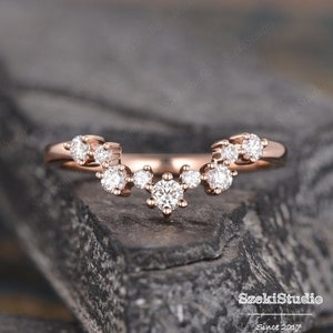 Cluster Diamond Wedding Band Rose Gold Curved Moissanite Ring Unique V Shaped Chevron Matching Stack Dainty Bridal Promise Custom Made