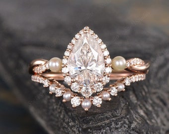 1.6ct Pearl Moissanite Engagement Ring Set Rose Gold Women Pear Shaped Moissanite Bridal Set Halo Infinity Diamond Wedding Jewelry Ring 2pcs