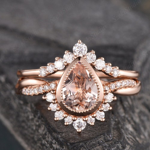 Pear Shaped Morganite Engagement Ring Set Rose Gold Natural | Etsy