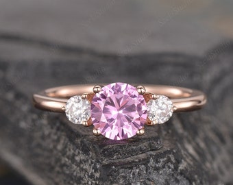 Three Stone Pink Sapphire Engagement Ring Rose Gold Ring September Birthstone Moissanite As Side Stone  Bridal Wedding Ring 1CT Round Cut
