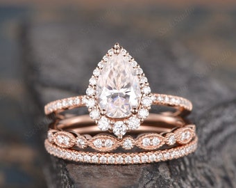 3pcs Pear Cut Moissanite Engagement Ring Set Pear Shaped Wedding Ring Set Infinity Diamond Rose Gold Cluster Bridal Set Tear Drop Halo Ring