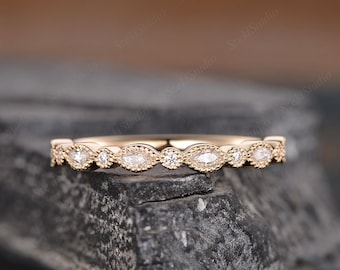 Marquise Wedding Band Women Yellow Gold Art Deco Diamond Wedding Band Women Vintage Milgrain Moissanite Matching Ring Half Eternity