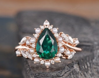 Vintage Emerald Engagement Ring Rose Gold Pearl Ring Vine Diamond Wedding Band Cluster Pearl Halo Ring Pear Shaped Green Emerald Bridal Ring