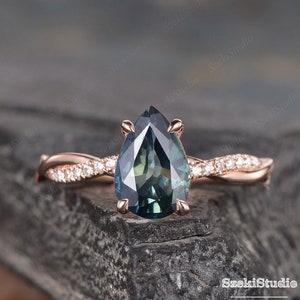 Pear Teal Sapphire Engagement Ring Natural Montana Sapphire Wedding Ring 6X9MM Green Sapphire Bridal Ring Twist Diamond Gold Ring Infinity
