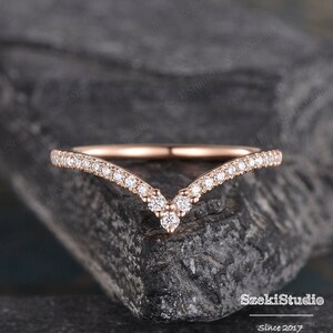 Diamond Wedding Band Rose Gold Curved Wedding Band Women V Shaped Curved Chevron Matching Wedding Band Promise Stacking Bridal Delicate