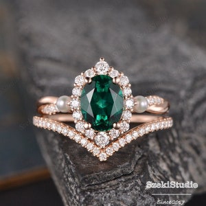Pearl Emerald Bridal Set Rose Gold Engagement Ring Set Women Oval Cut Lab Emerald Halo Diamond Infinity 2 Wedding Ring Set Jewelry